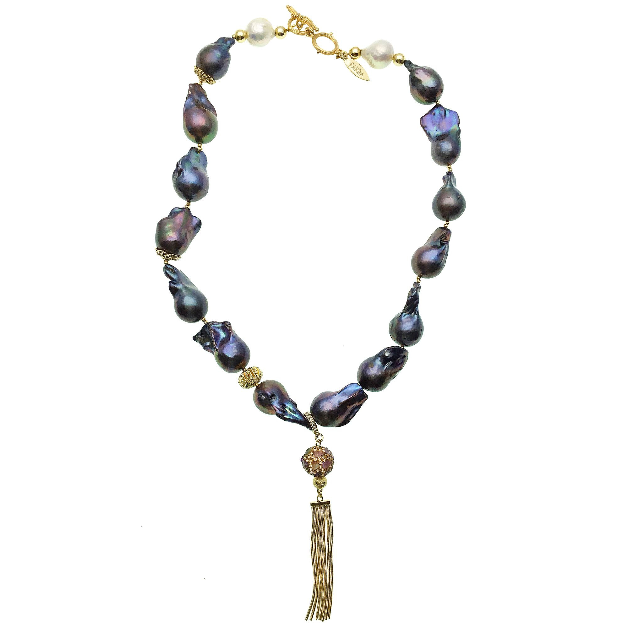FARRA Jewelry - Purple Baroque Pearl with Gold Bead and Tassel Necklace